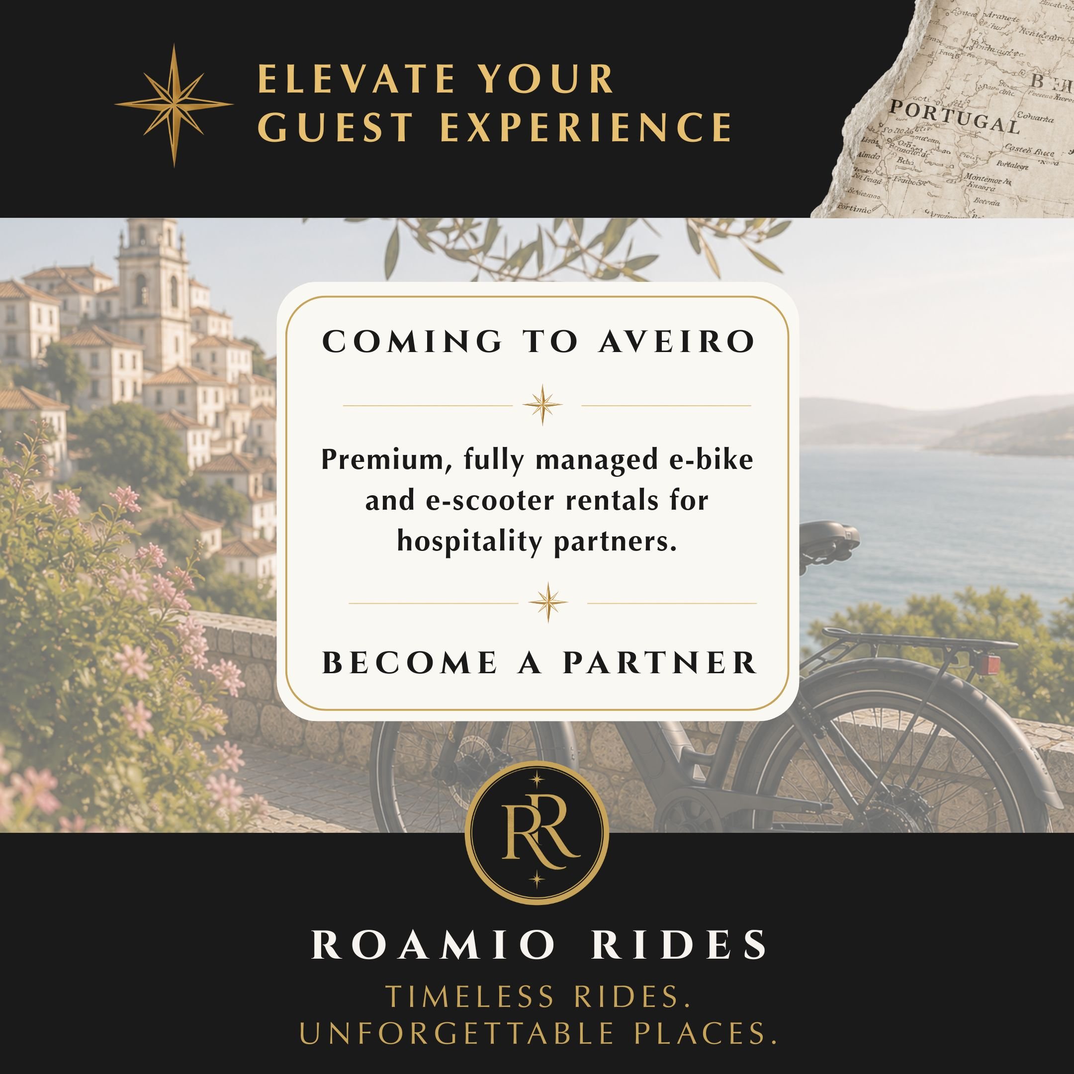 Something exciting is coming to Aveiro.

We're on a mission to help hotels, resorts, wineries, golf courses, and tourism attractions create unforgettable guest experiences through premium, fully managed electric bike and scooter rentals.

Our goal is