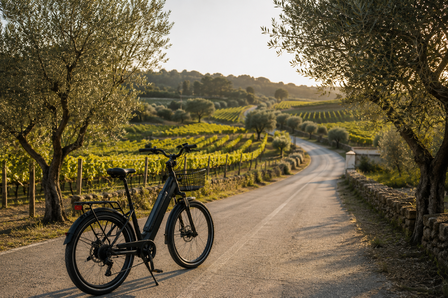A black bicycle with a basket parked on a rural road surrounded by lush green vineyards, olive trees, and rolling hills at sunset.