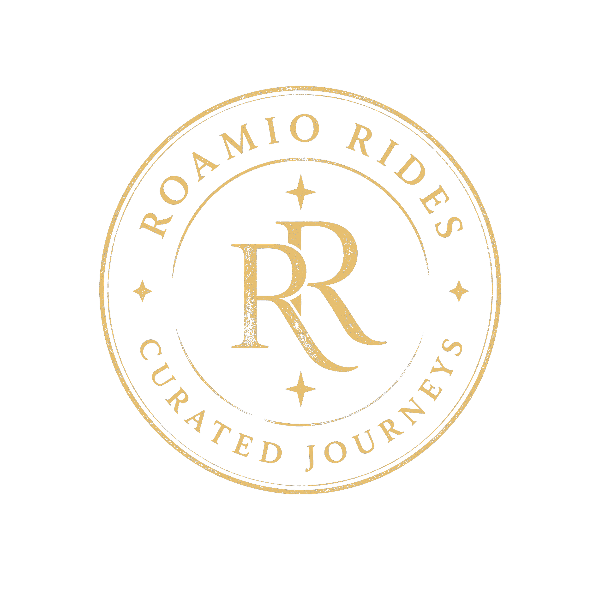 Close-up of a circular emblem with gold text and design on a black background, reading 'R.O.AMIO RIDES' and 'CURATED EDUCATION' with stars.