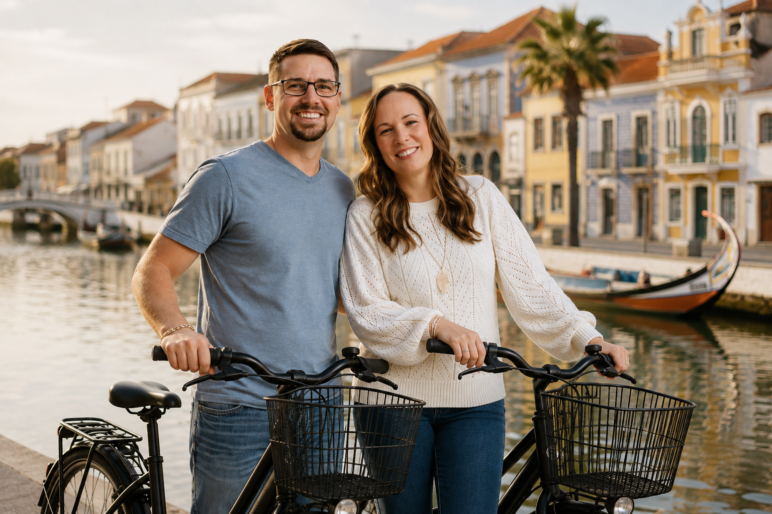 A smiling young couple with bicycles standing near a canal with colorful buildings and a gondola in Venice, Italy, during daytime.