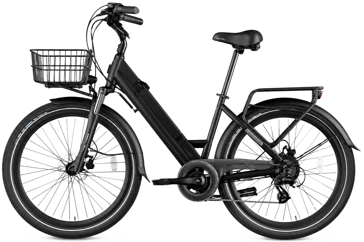 Black electric bicycle with a front basket, thick tires, and a step-through frame.