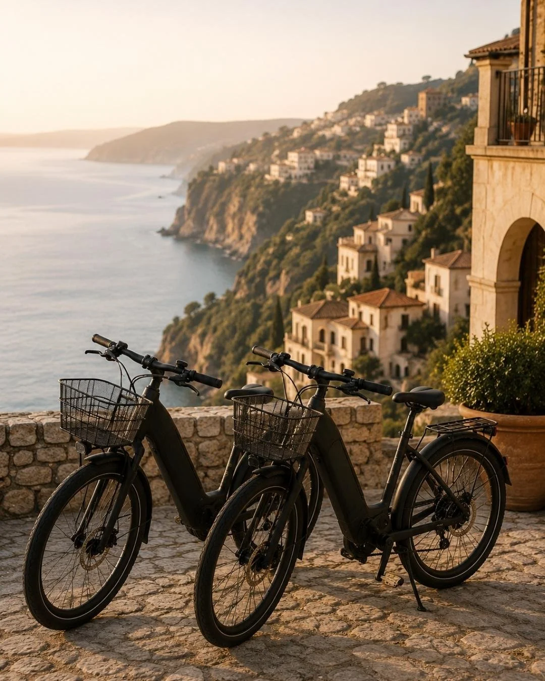Two black electric bicycles with front baskets parked on a cobblestone terrace overlooking a coastal hillside with white buildings at sunset.