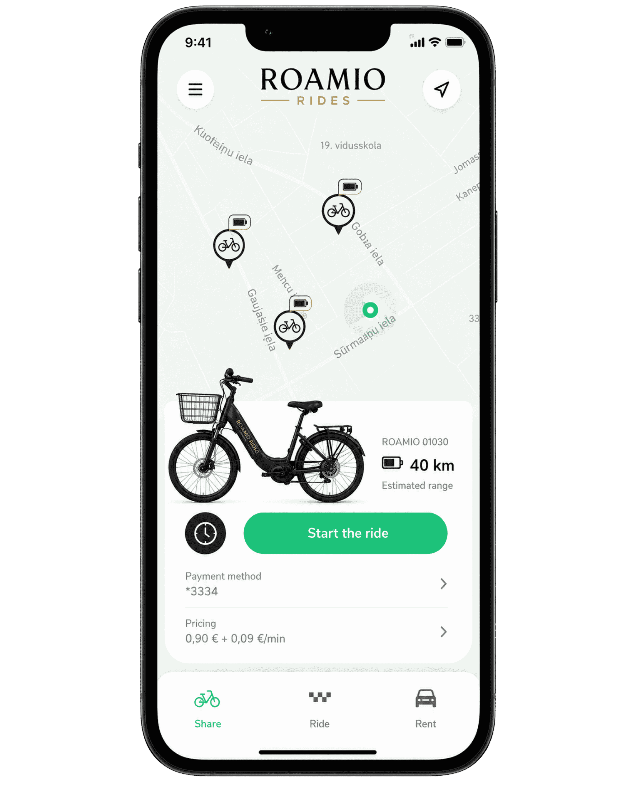 A smartphone screen displaying the Roamio Rides app with a map view showing bike icons, and a bicycle image below with options for sharing, ride, and rent.