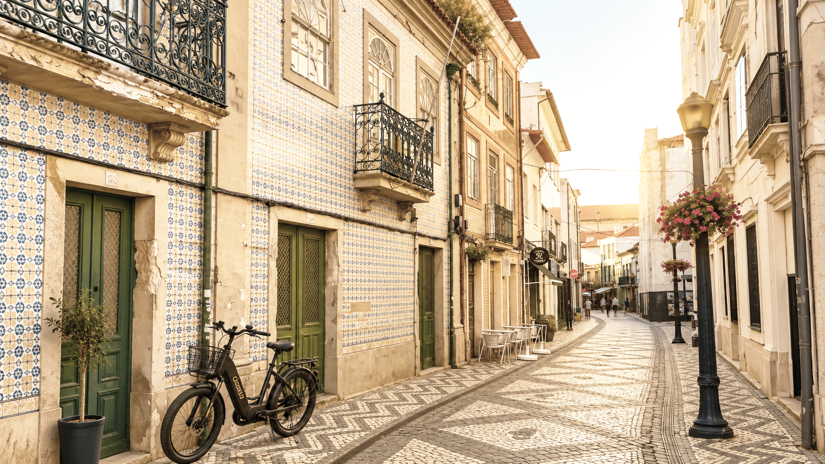 A cobblestone street lined with old buildings featuring tiled facades, wrought iron balconies, green doors, and potted plants. A bicycle is parked near the sidewalk, and street lamps with hanging flower baskets are along the street, which has some pedestrians walking in the distance.