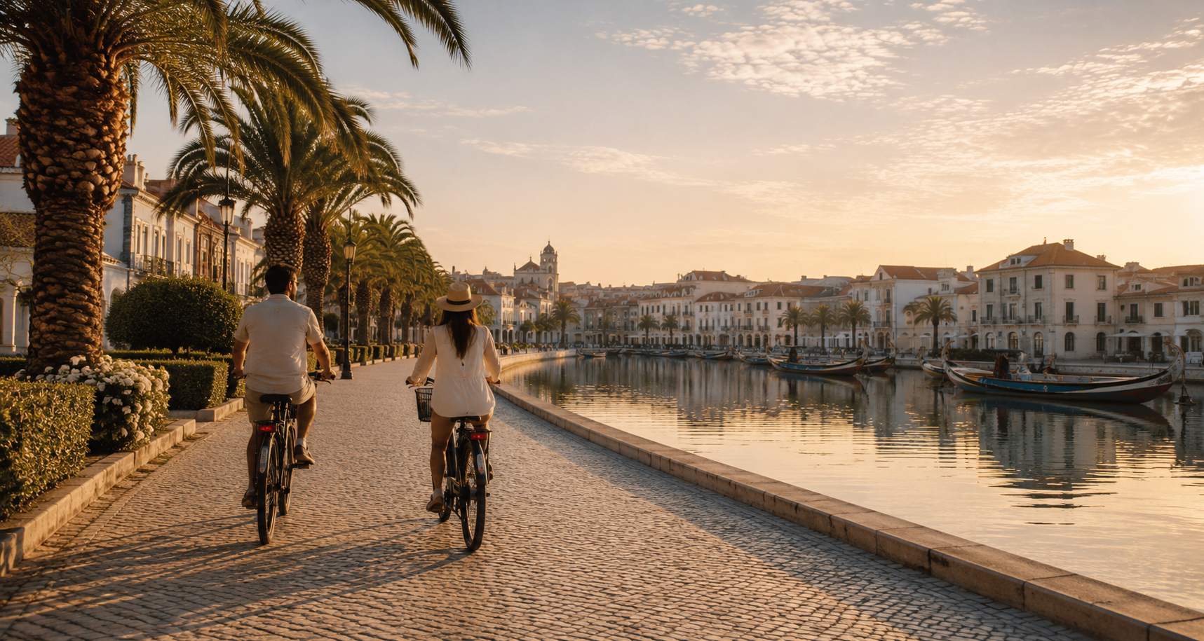 Two people riding bicycles along a scenic waterfront promenade lined with palm trees at sunset, with historic white buildings and boats docked along the water.