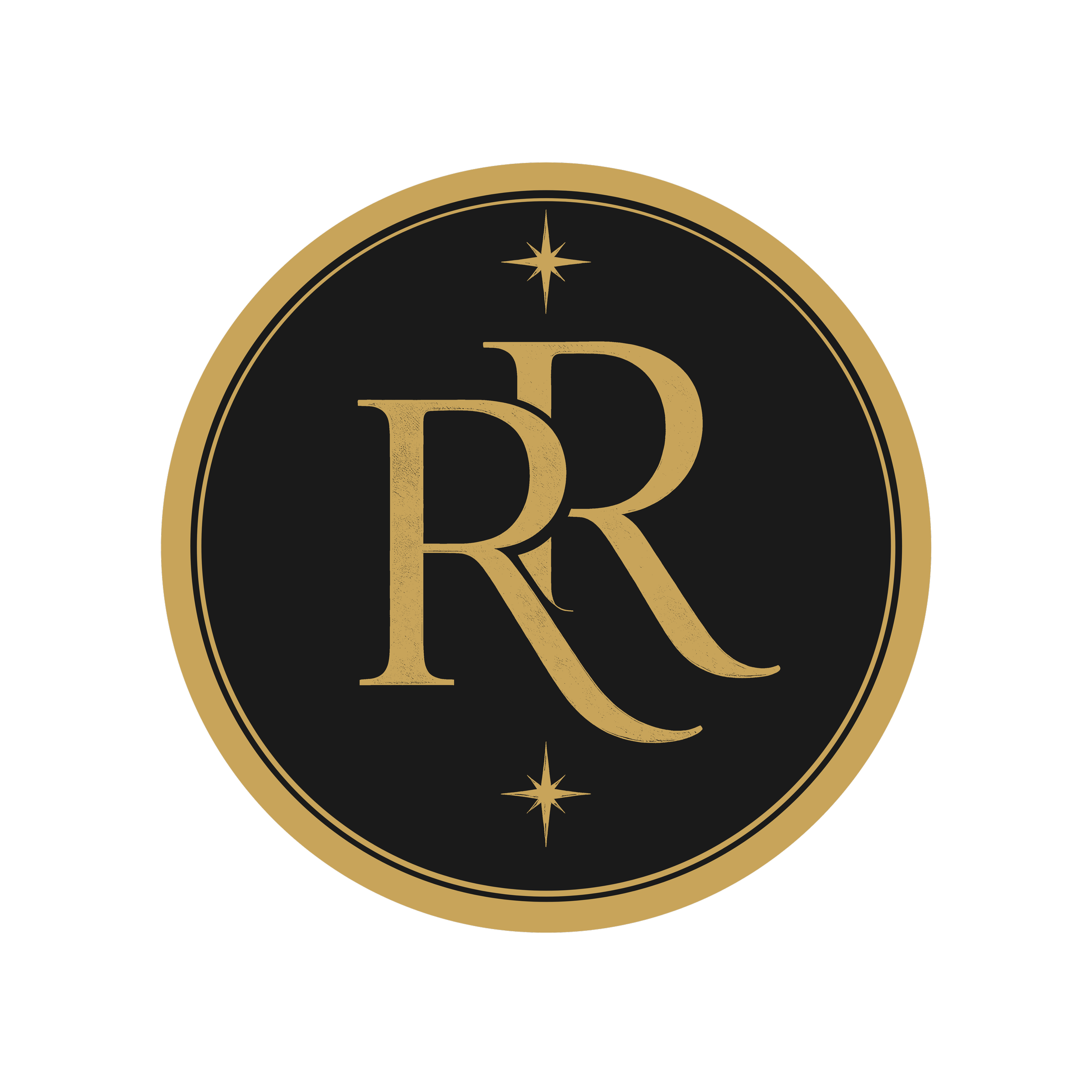 A gold-colored circular logo featuring a stylized star at the top, a large floral keyhole shape in the center intertwined with a large letter 'R', and a smaller star or spark at the bottom on a black background.