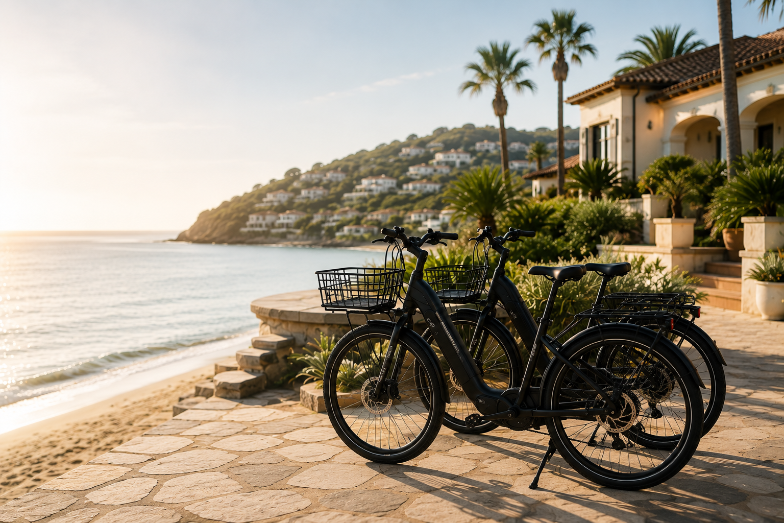 Two black bicycles with baskets parked on a stone patio near a beach at sunset, with a hillside residential area and palm trees in the background.