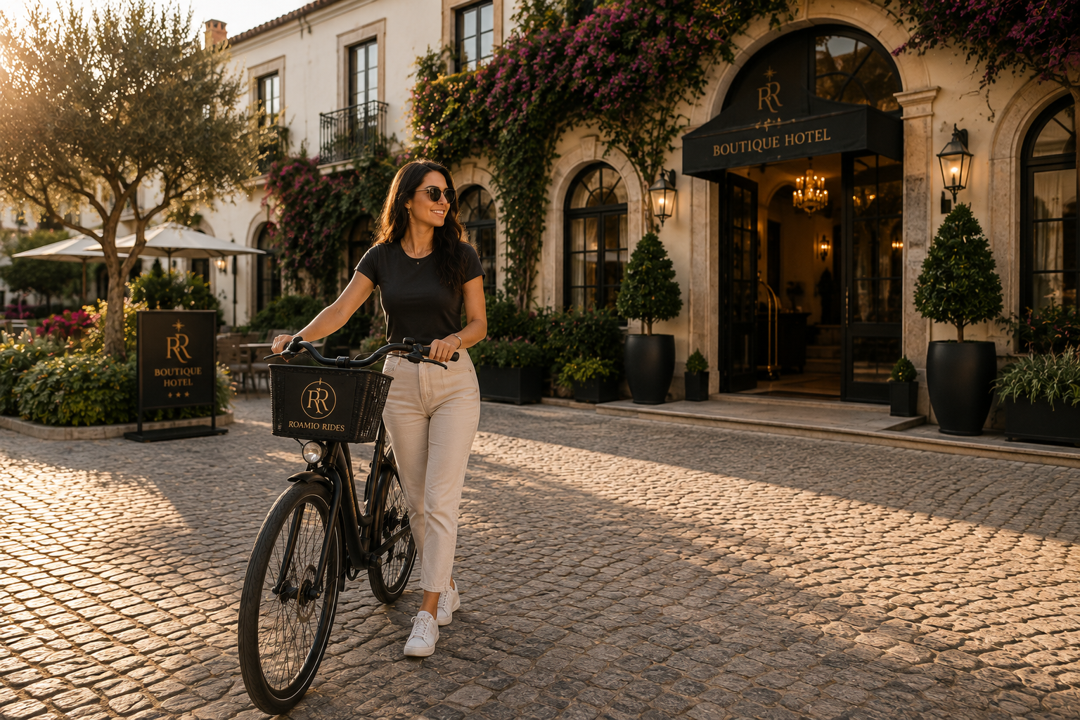 A woman in sunglasses, black t-shirt, and beige pants smiling as she stands next to a black bicycle in front of a boutique hotel with blooming pink flowers and outdoor seating in warm sunlight.