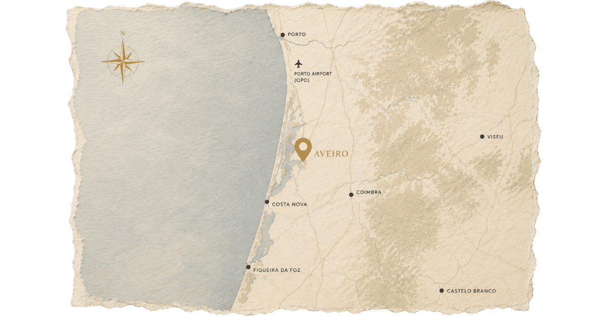 Map of Portugal showing the city of Aveiro's location near the coast, with nearby cities including Porto, Coimbra, Viseu, Castelo Branco, and Figueira da Foz. An airplane icon marks Porto Airport. The map has a vintage design with a textured background and a compass rose indicating north.
