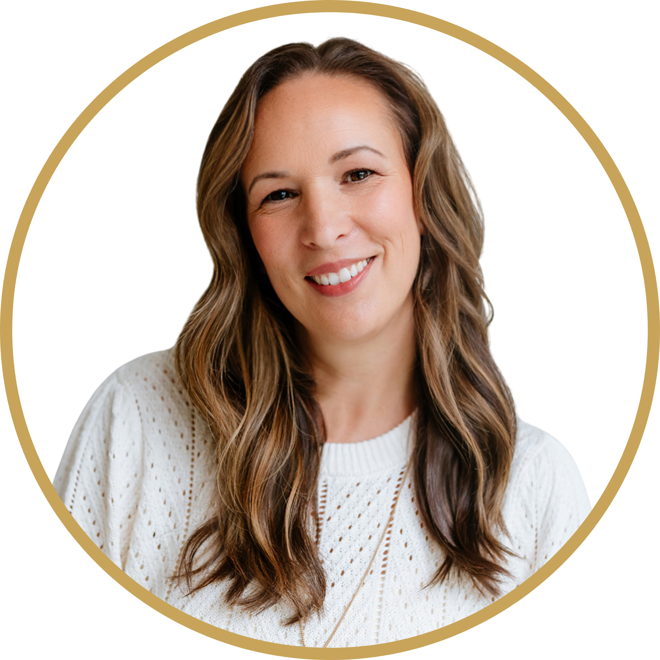 Close-up of a smiling woman with brown, wavy hair wearing a white knit sweater and layered necklaces, with a black background and a gold arc above her head.