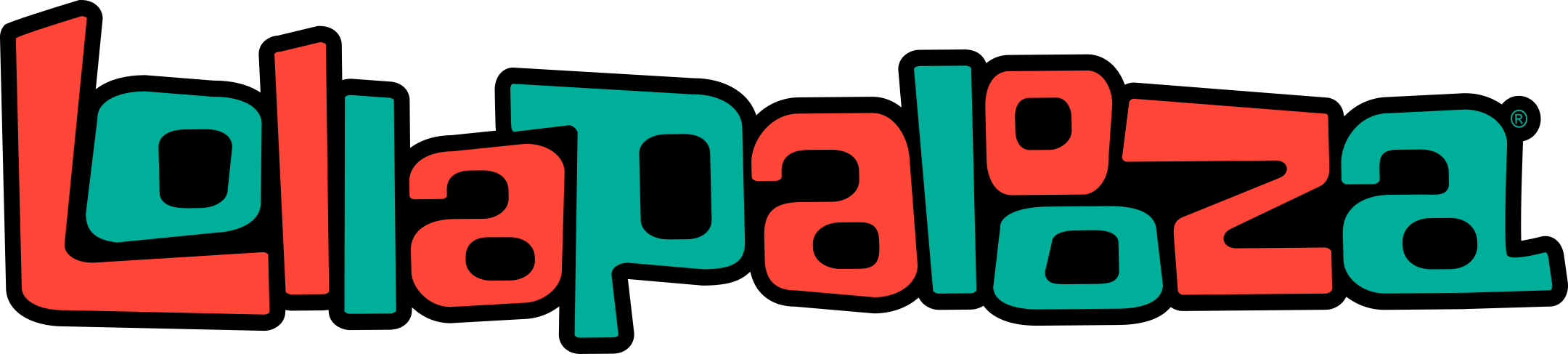 Colorful word depiction of the letters 'Lollapalooza' in bold red and teal colors, with a black background.