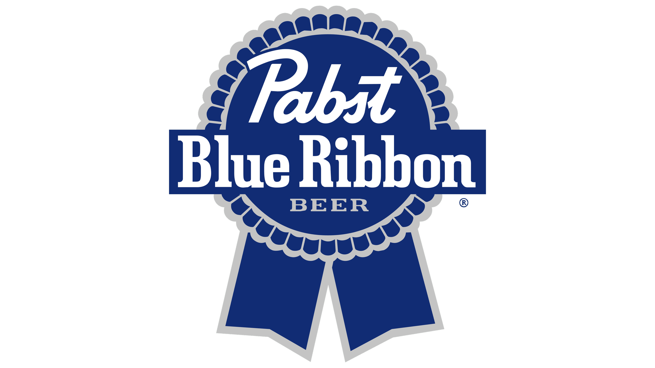 Blue ribbon award with the words "Pabst Blue Ribbon Beer" in white text.