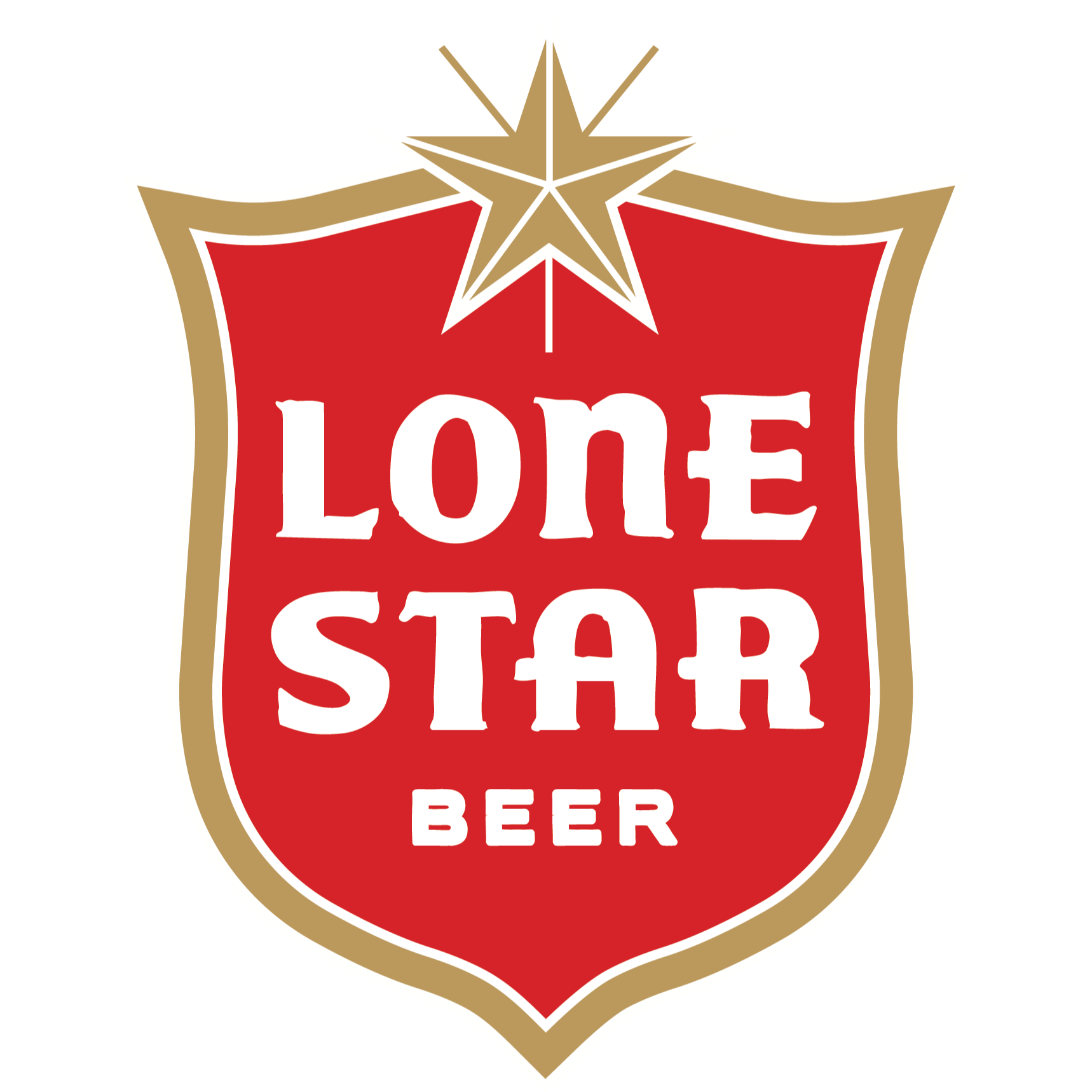 A badge with a star at the top and the text 'LONE STAR' in large white letters on a red background, enclosed by a black outline and a beige border. The badge also has the words 'BEER' at the bottom.