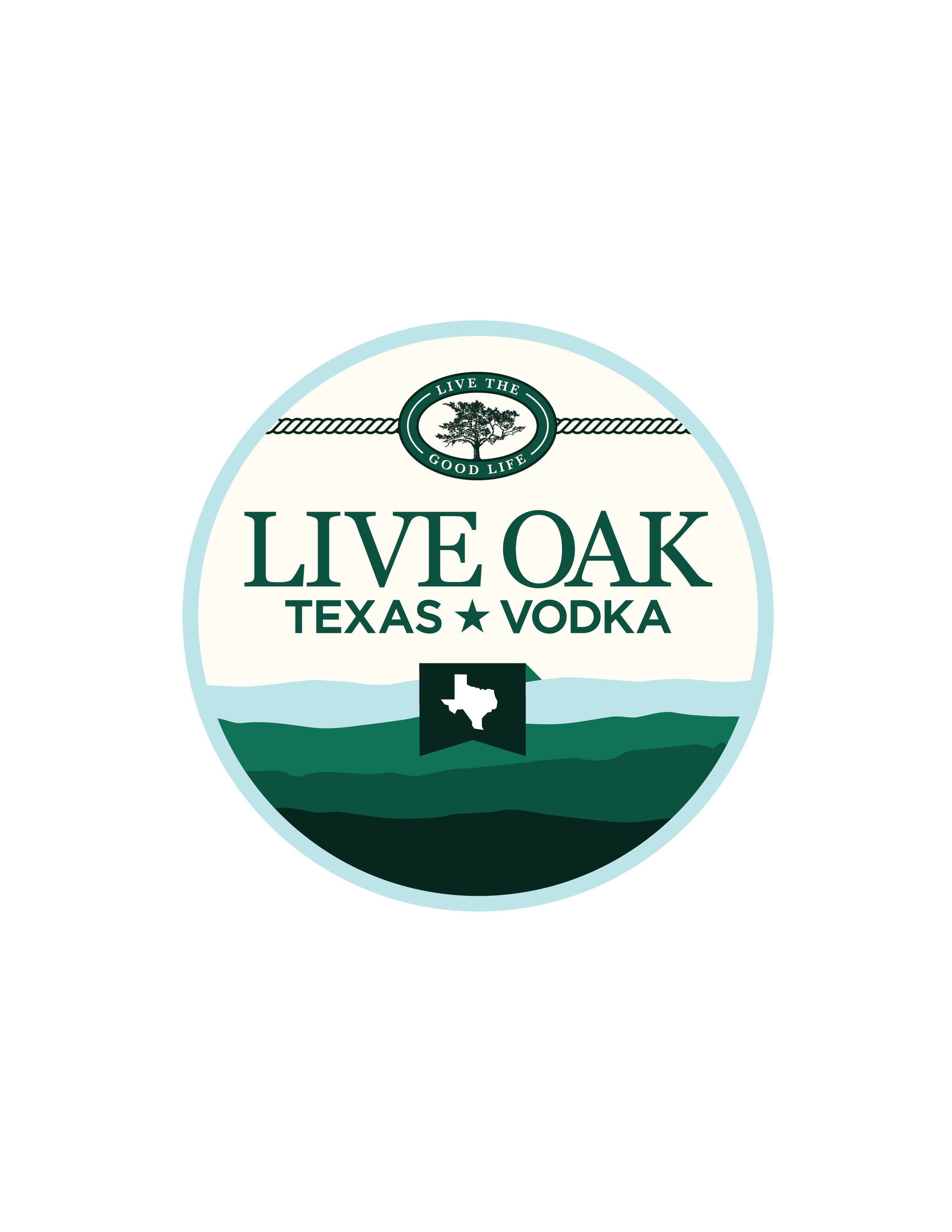 Label for a vodka brand called Live Oak, Texas vodka, featuring a logo with a tree and a green and white color scheme.