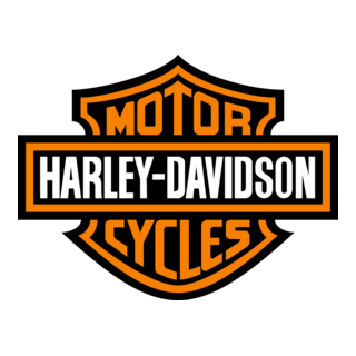 Harley-Davidson logo with black background, orange and white text, featuring a shield shape with 'MOTOR' and 'CYCLES' in orange at the top and bottom, and 'HARLEY-DAVIDSON' in the center.