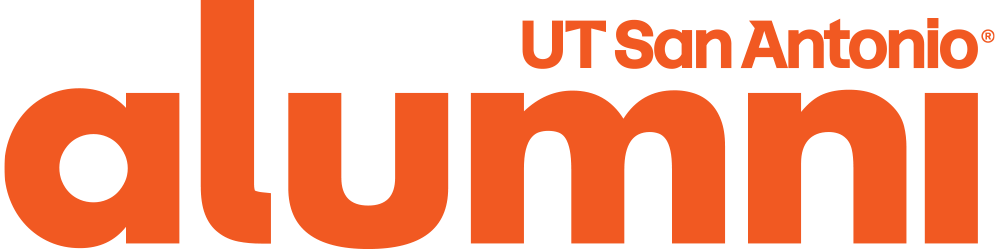 Logo for UT San Antonio and Alumi with large orange letters spelling 'alumni'.