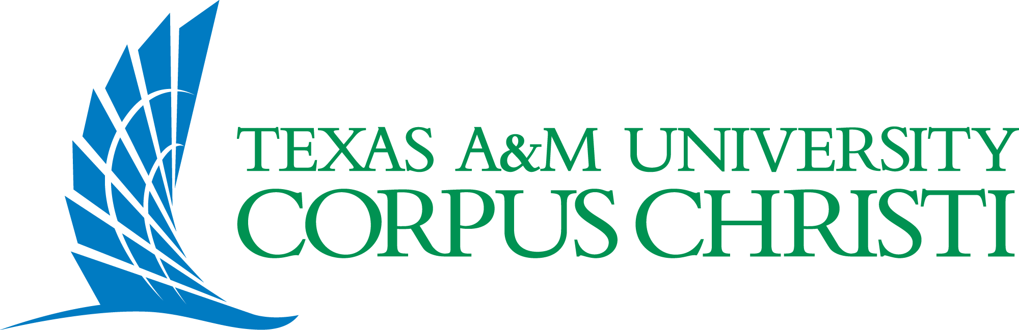 Logo of Texas A&M University-Corpus Christi featuring a stylized blue wing with black outlines and green text.