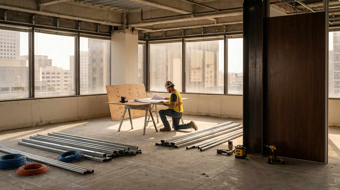 Insegnante di costruzione in un ufficio in fase di costruzione, seduto al tavolo con progetti tecnici, circondato da materiali di costruzione come tubi e pannelli, con grandi finestre che offrono una vista urbana.