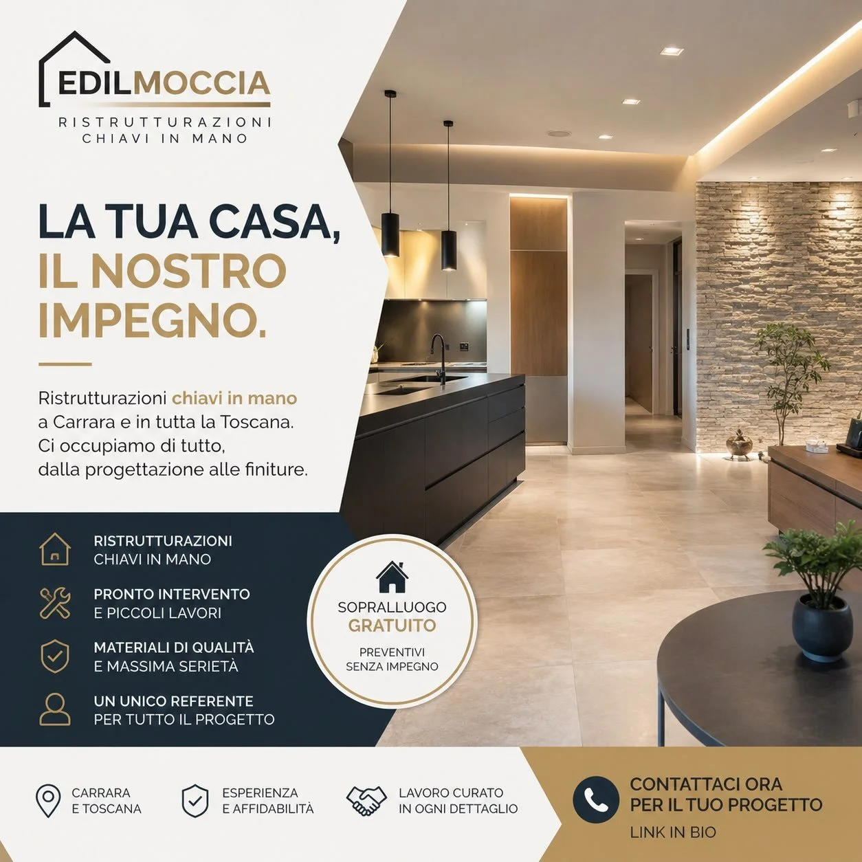 &ldquo;La tranquillit&agrave; del Chiavi in Mano&rdquo;
Ristrutturare casa non deve essere un incubo. 🏠✨
Hai presente lo stress di dover coordinare l&rsquo;elettricista, cercare il piastrellista, aspettare l&rsquo;installatore degli infissi e sperar