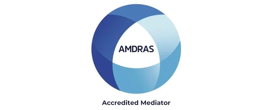 Logo of AMDRAS, an accredited mediator, featuring overlapping blue and white circles.