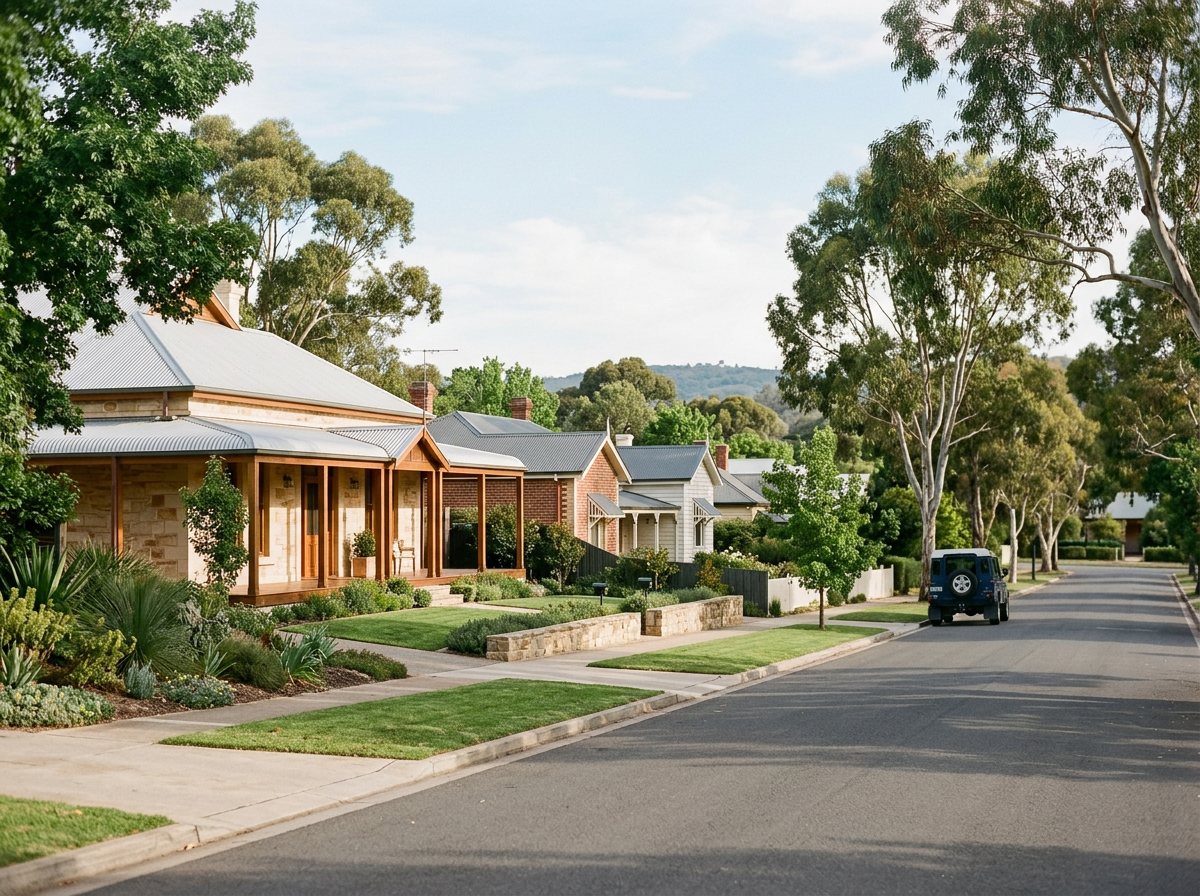 Residential street with neighbouring properties, fences and mature trees