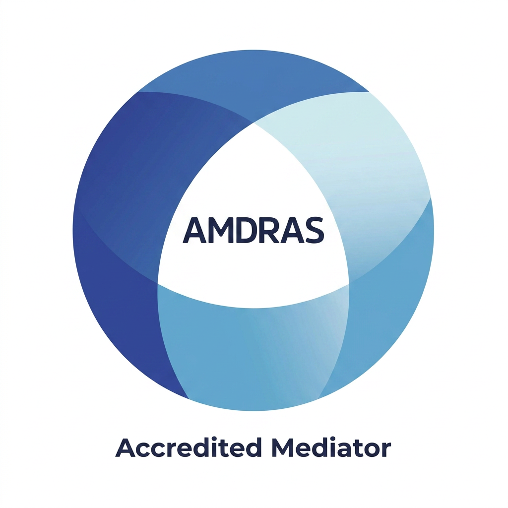 Logo with overlapping blue circles and the text 'AMDRAS' in the center, and 'Accredited Mediator' below.