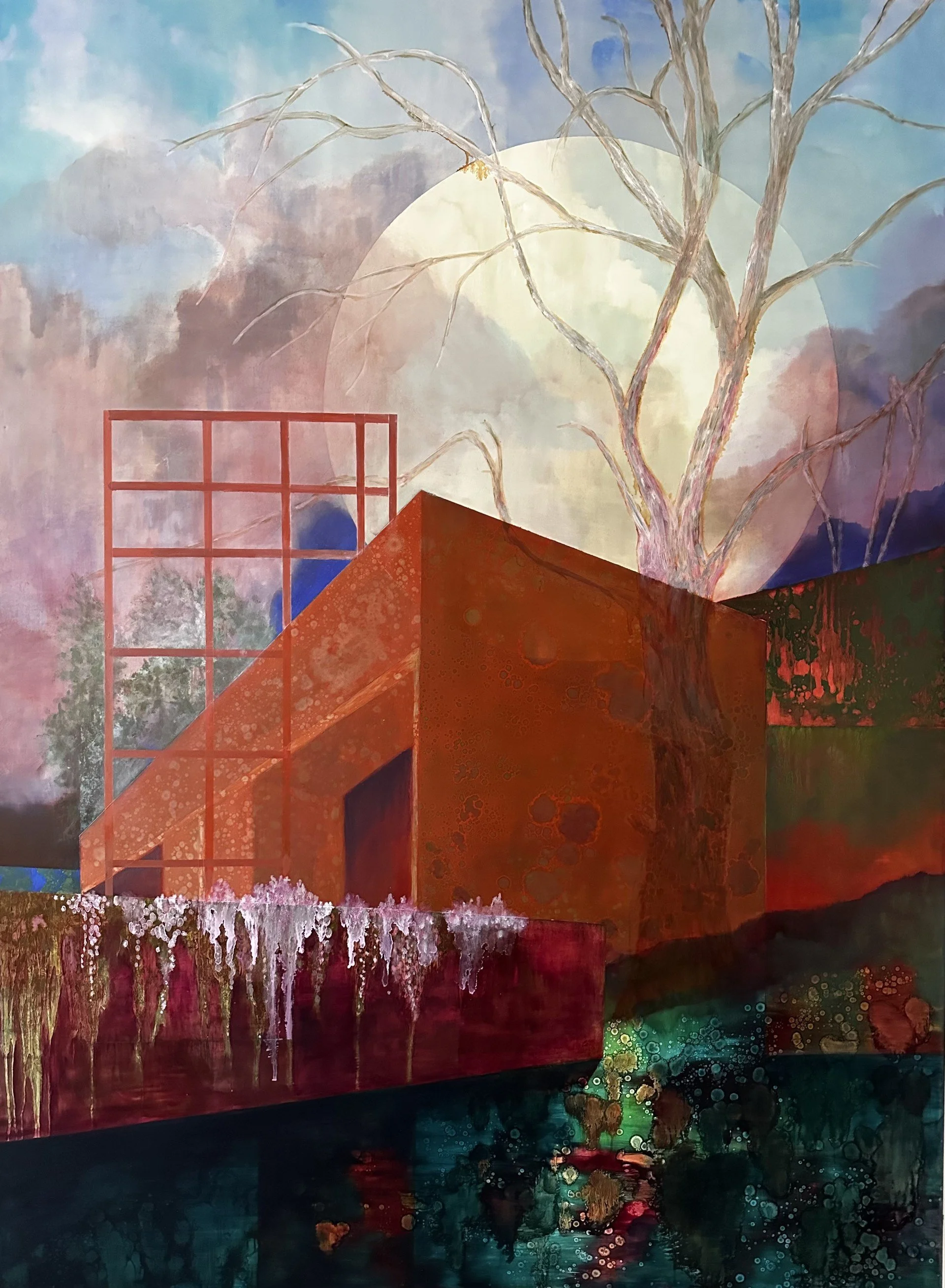 Abstract painting featuring a large, pale moon, leafless tree branches, and geometric shapes with vibrant colors including blue, pink, red, and green.