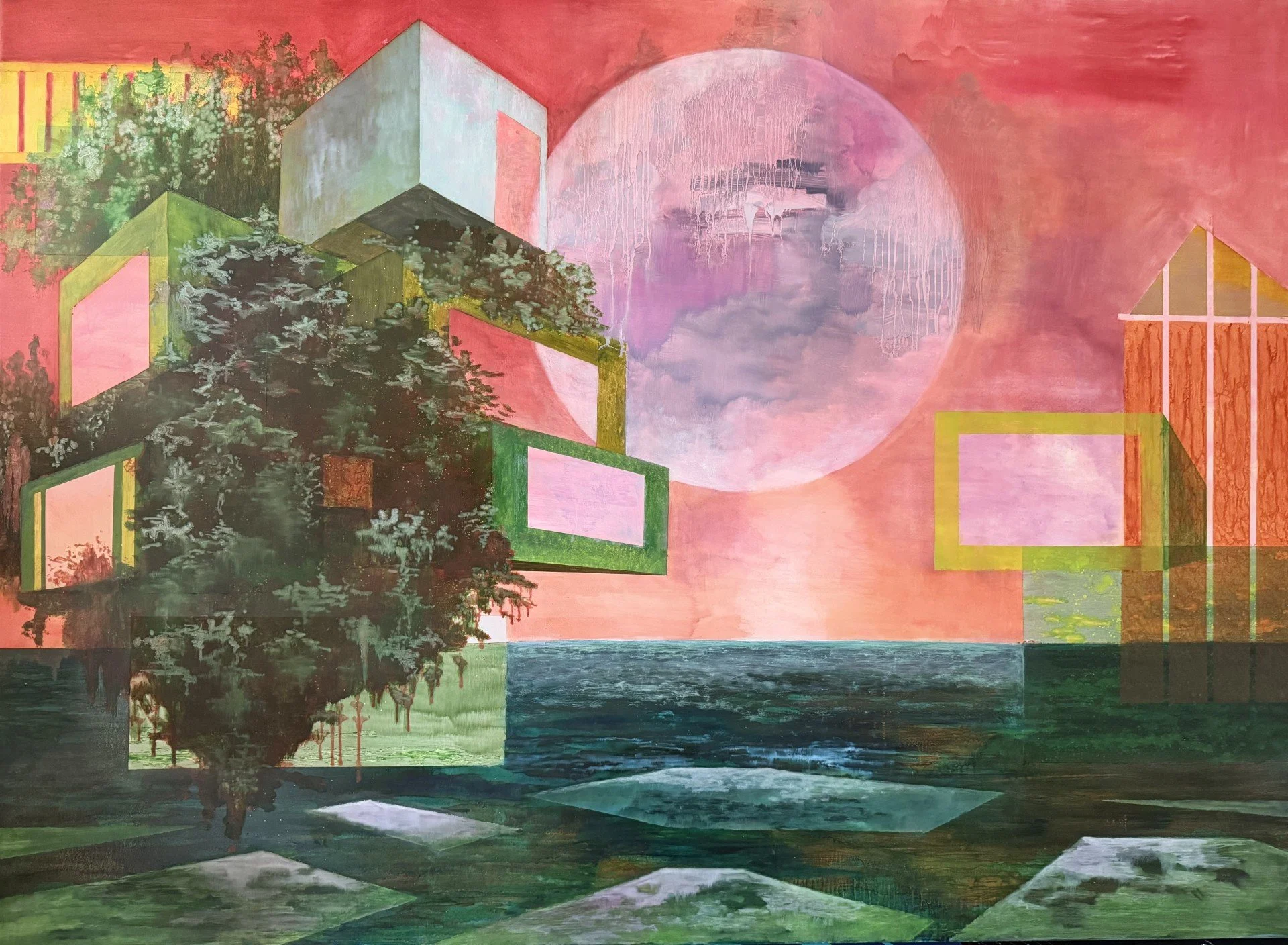 A surreal cityscape artwork with floating geometric shapes, lush greenery, a large pink moon, and a calm body of water reflecting the scene, all set against a vibrant pink and red sky.