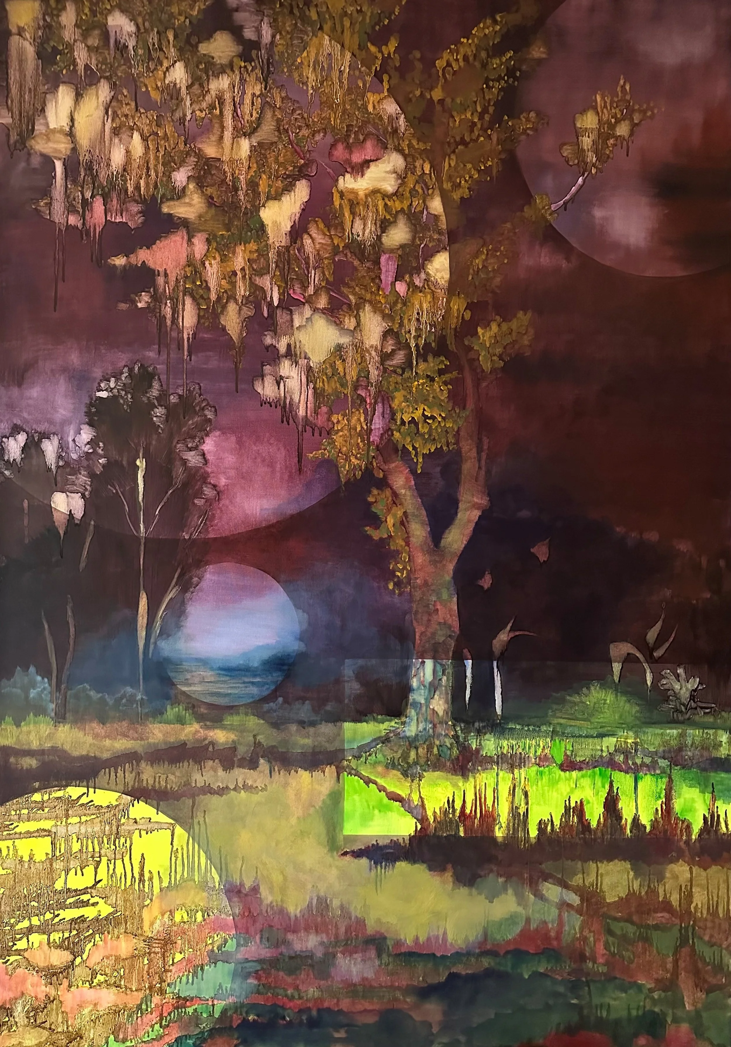 Abstract landscape painting with large tree, moon or sun, and colorful ground, using vibrant and dark tones.