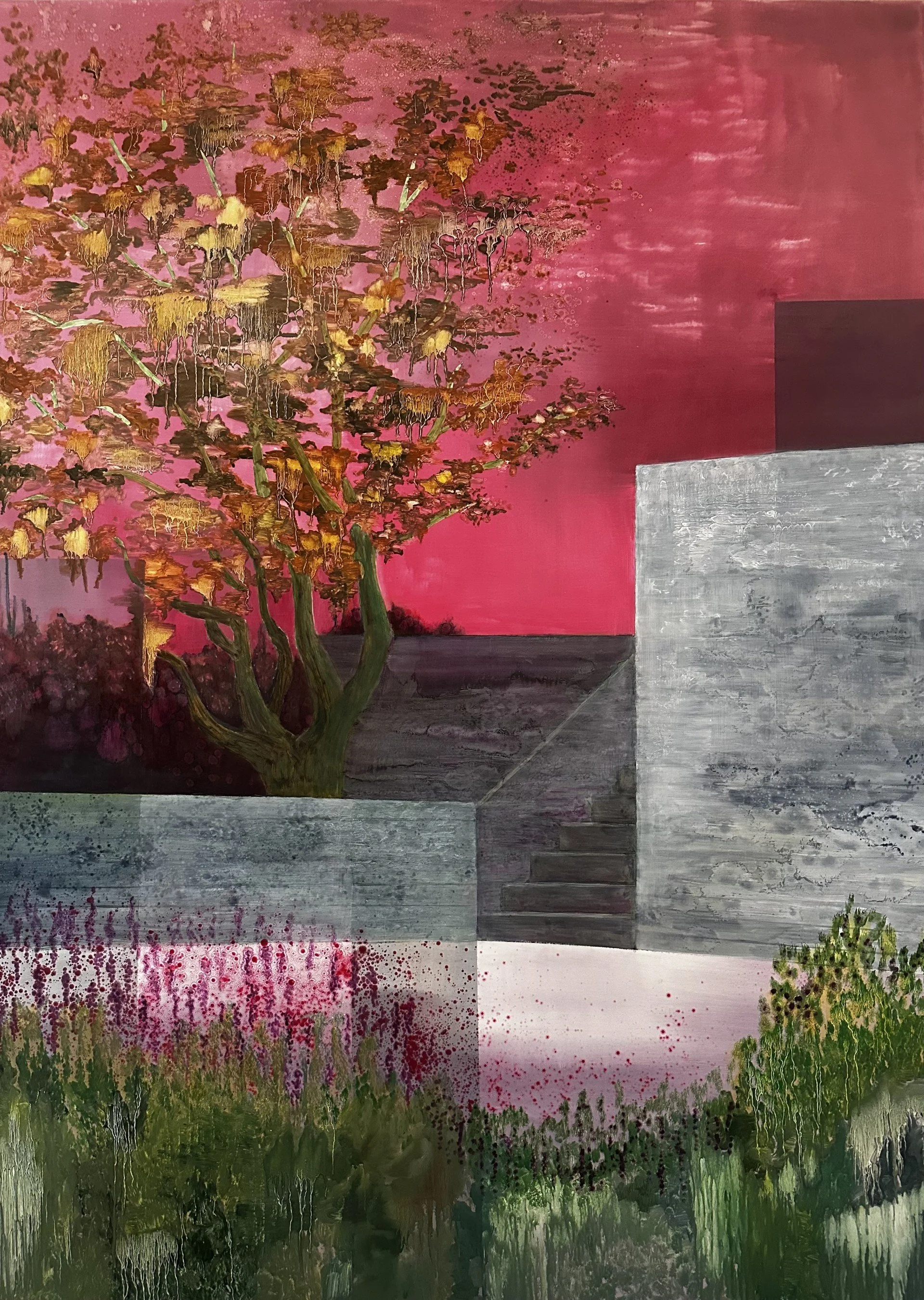 Abstract painting featuring a pink and red background with a tree painted on the left side and green bottom section, with textured and layered paint effects.