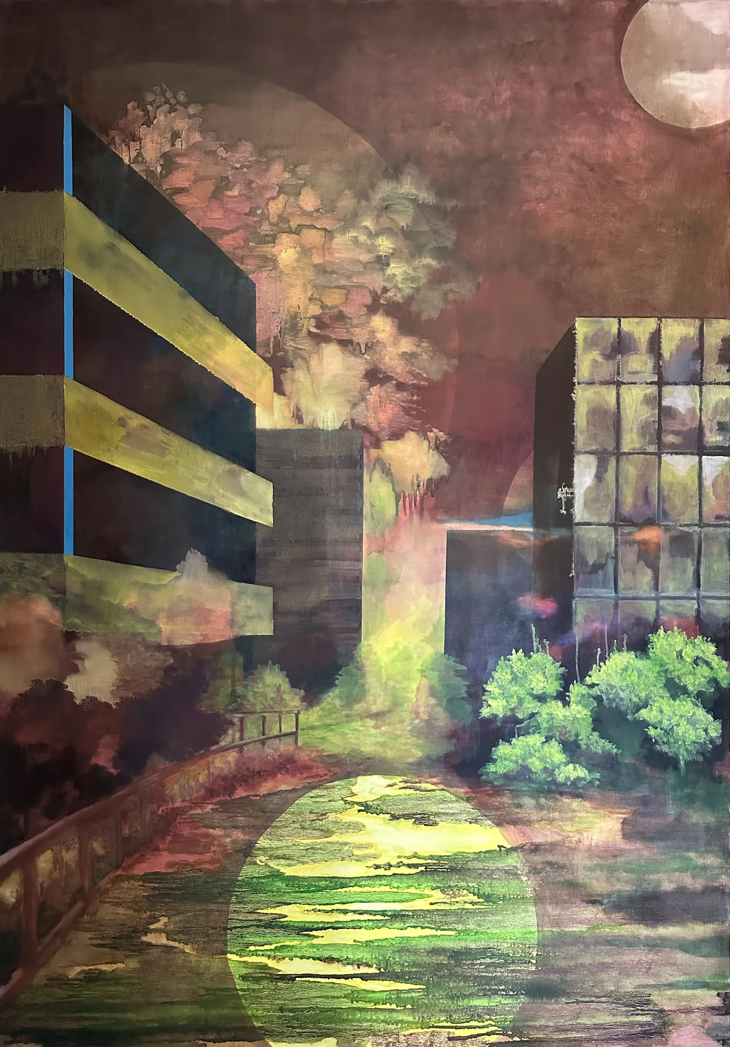 Abstract landscape painting featuring a body of water reflecting a bright yellow sun, green trees, a building with yellow and black stripes, a staircase, and a moon in a reddish-brown sky with clouds and trees in the background.