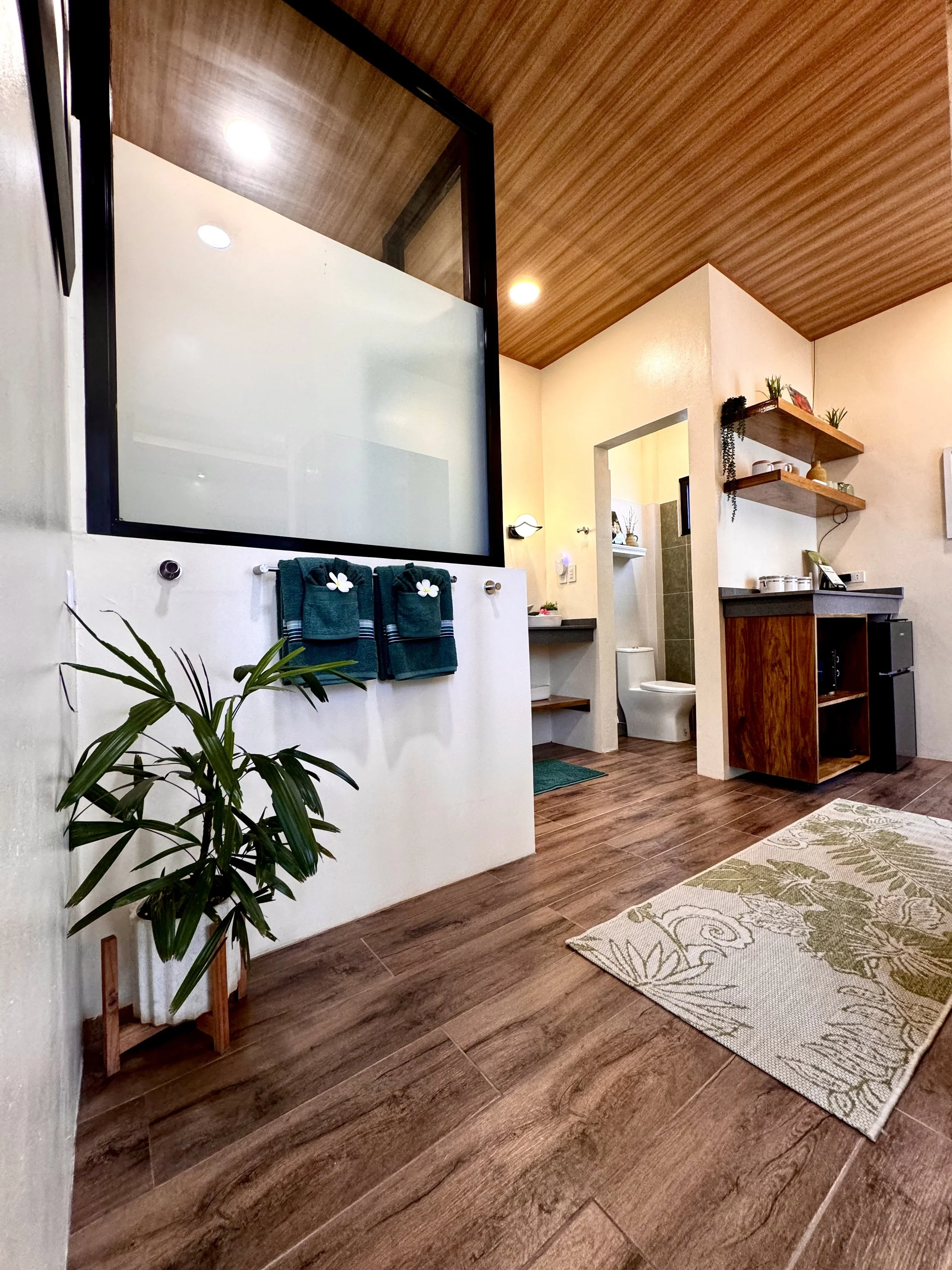 Interior view of a room with wood flooring, a small rug with botanical patterns, and a partial bathroom with a toilet and a window ledge. There is a plant in the foreground, and the walls have wooden shelves with plants and decorative items. The ceil