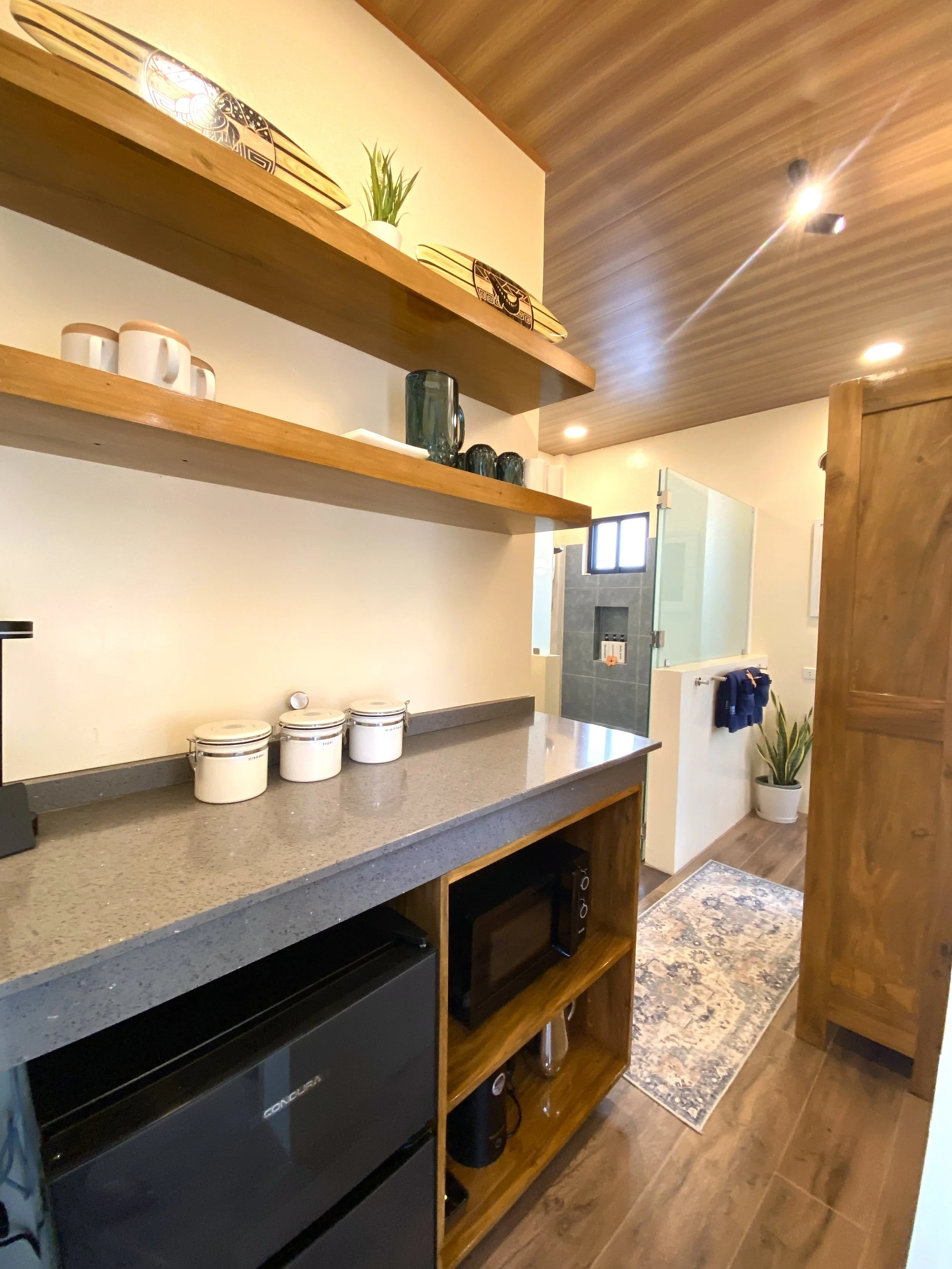 A kitchen area with wooden shelves holding cups, a potted plant, and decorative wooden trays. A countertop with container jars, a microwave, and a blue and gold patterned rug on a wooden floor. In the background, a small window, a glass door, and a p