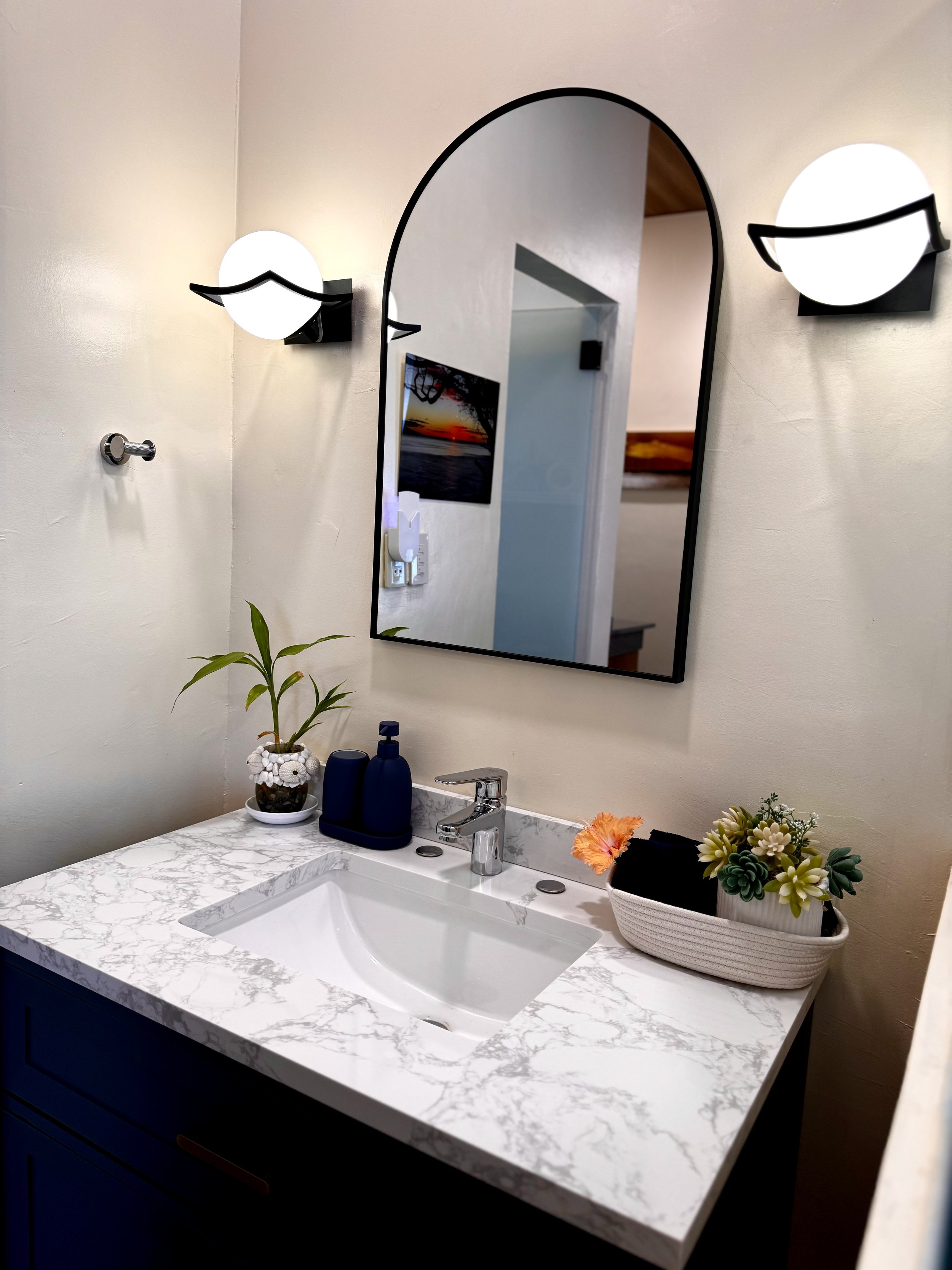 Bathroom vanity with a marble countertop, a sink, a faucet, decorative plants, soap dispensers, and a mirror with wall-mounted lights.