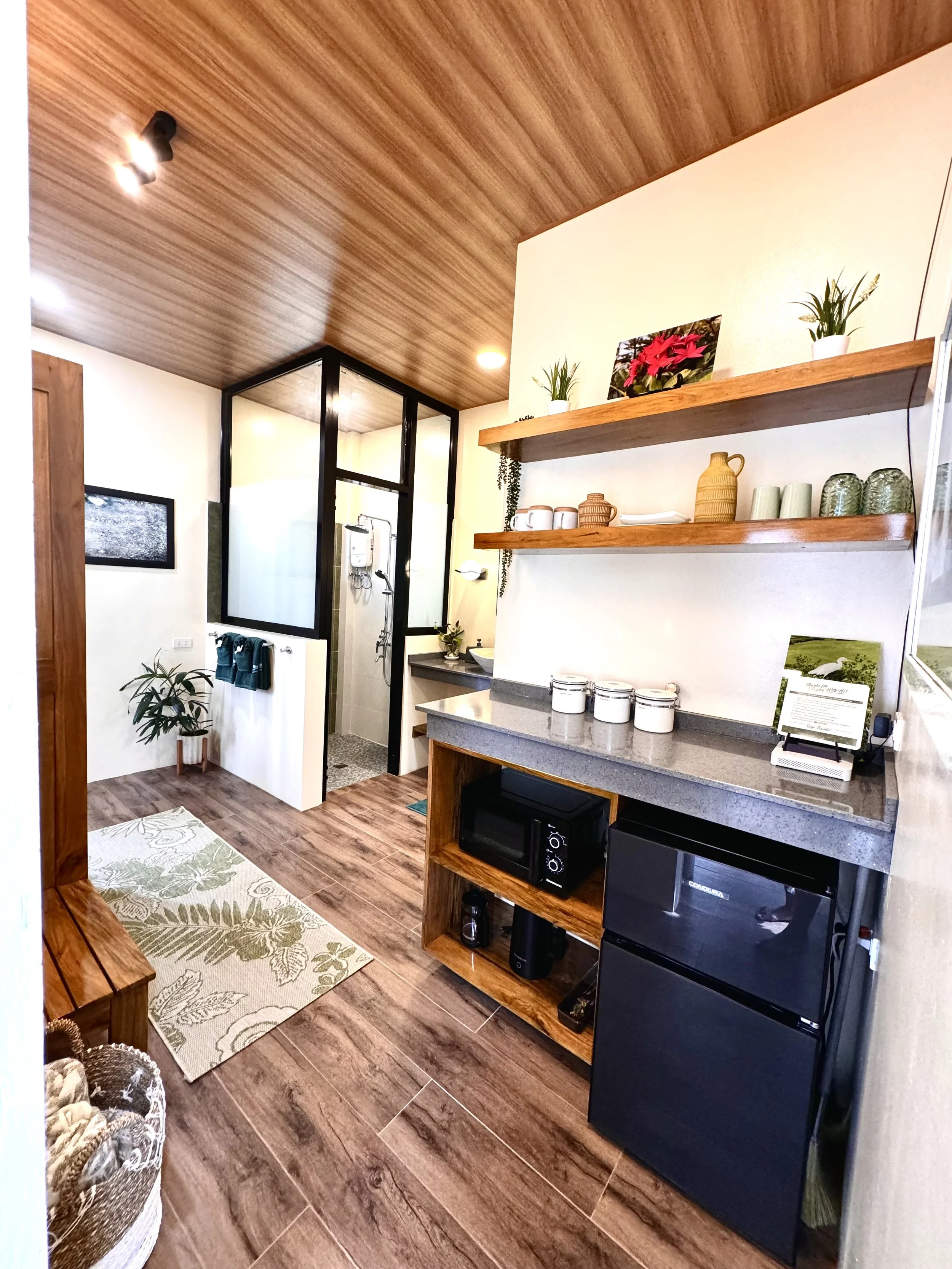 Interior view of a modern room with wooden ceiling and floors, featuring open shelving with potted plants, artwork, and cups, a small countertop with jars, a microwave, a mini fridge, and a decorative rug.