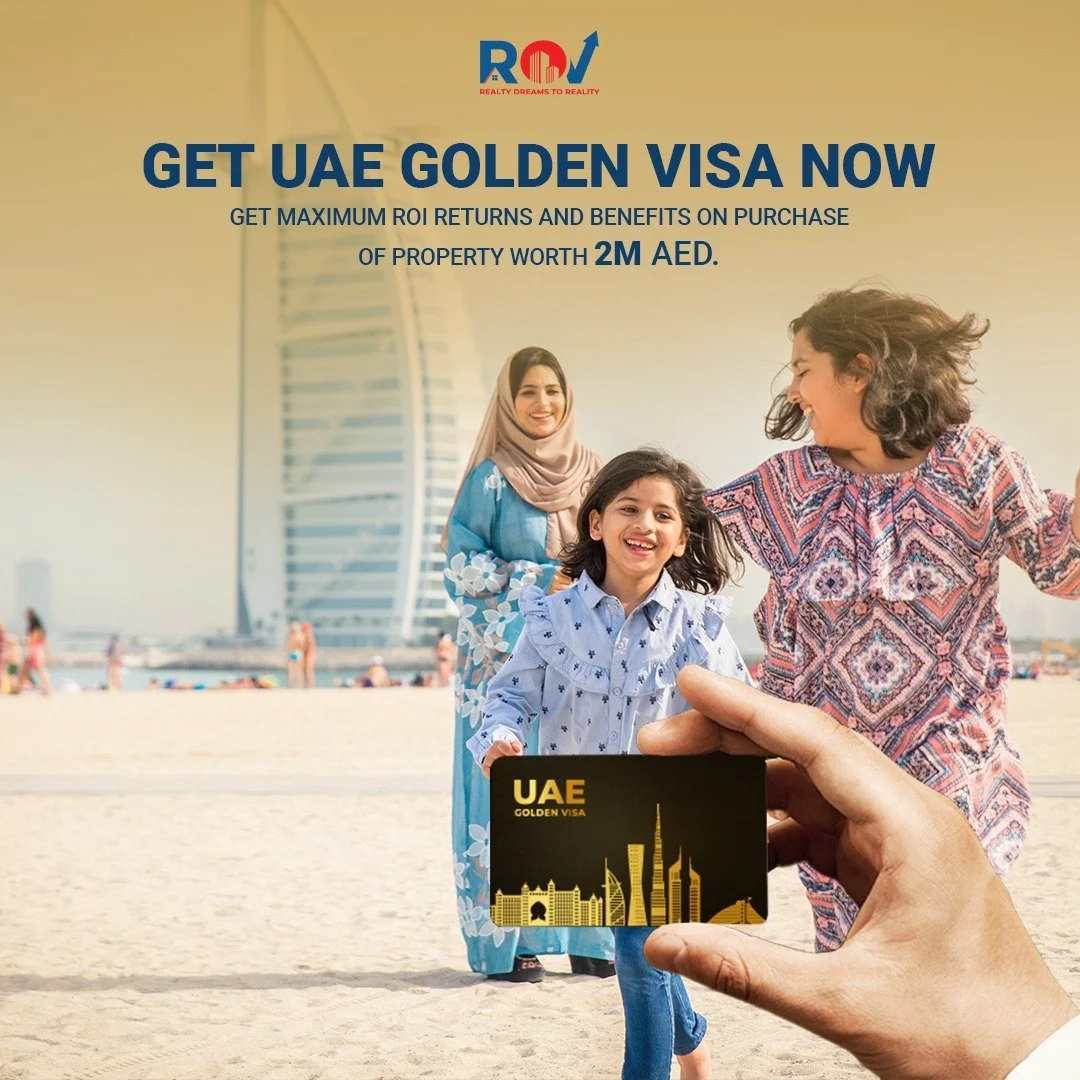 People on a beach holding a card that reads 'UAE Golden Visa,' with the Burj Al Arab hotel in the background, promoting UAE golden visa opportunities.