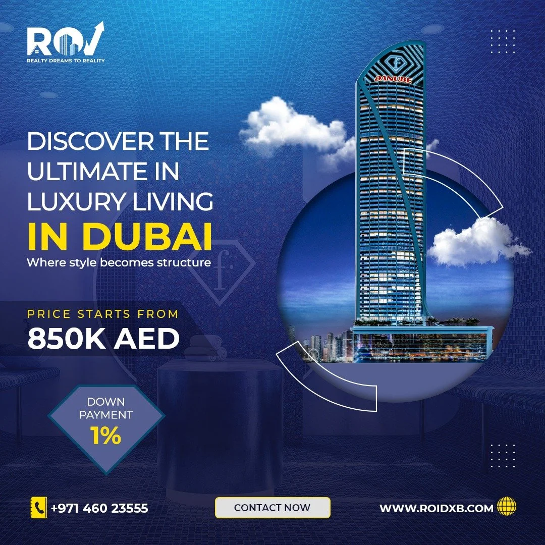 Advertisement for luxury apartments in Dubai featuring a tall modern skyscraper with a curved design, clouds, and cityscape, with text highlighting prices starting from 850,000 AED and contact details.