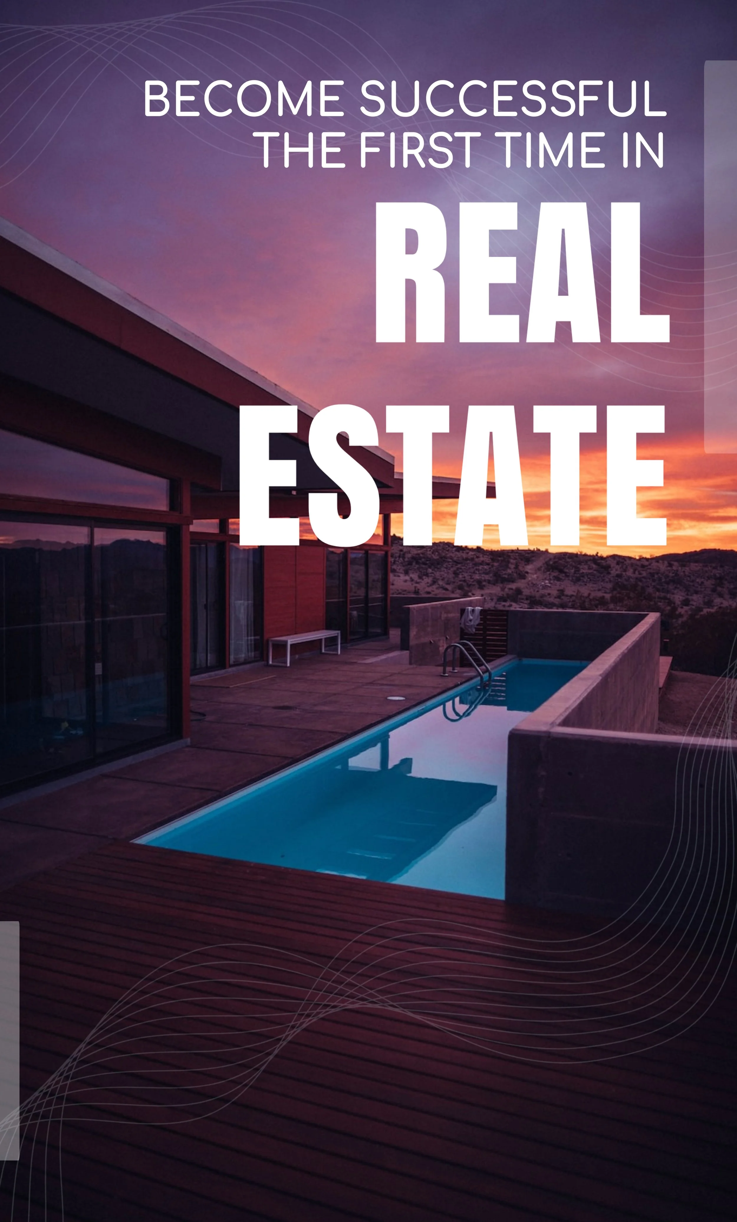 Modern house with a swimming pool at sunset, featuring glass walls and a wooden deck overlooking desert landscape.