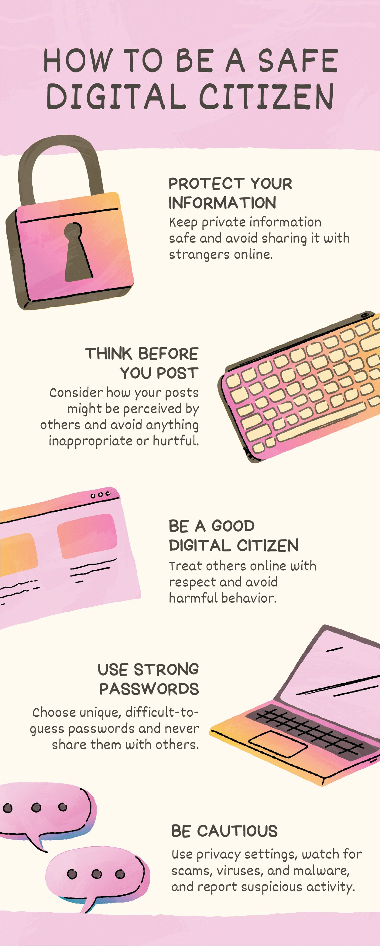 Infographic titled 'How to Be a Safe Digital Citizen' with tips on online privacy and safety, including protect your information, think before you post, be a good digital citizen, use strong passwords, and be cautious, illustrated with colorful drawings of a padlock, keyboard, webpage, speech bubbles, and a laptop.