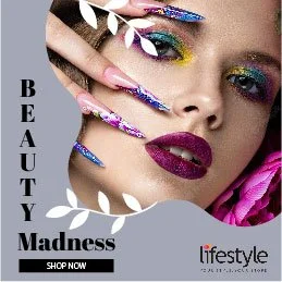 Close-up of a woman with colorful makeup and long, decorated nails, partially covering her face with her hand, and text promoting beauty and lifestyle.