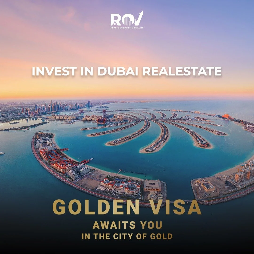 Aerial view of Dubai skyline with man-made islands in the shape of a palm tree and a world map, during sunset.
