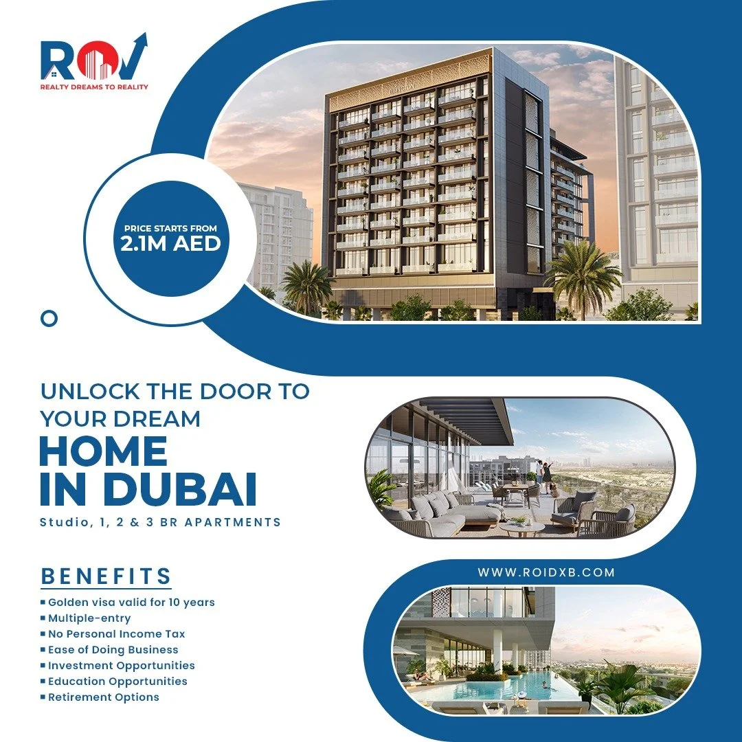 Real estate advertisement promoting homes in Dubai starting at 2.1 million AED. Features images of modern residential buildings, a rooftop lounge area, and a swimming pool with city views.