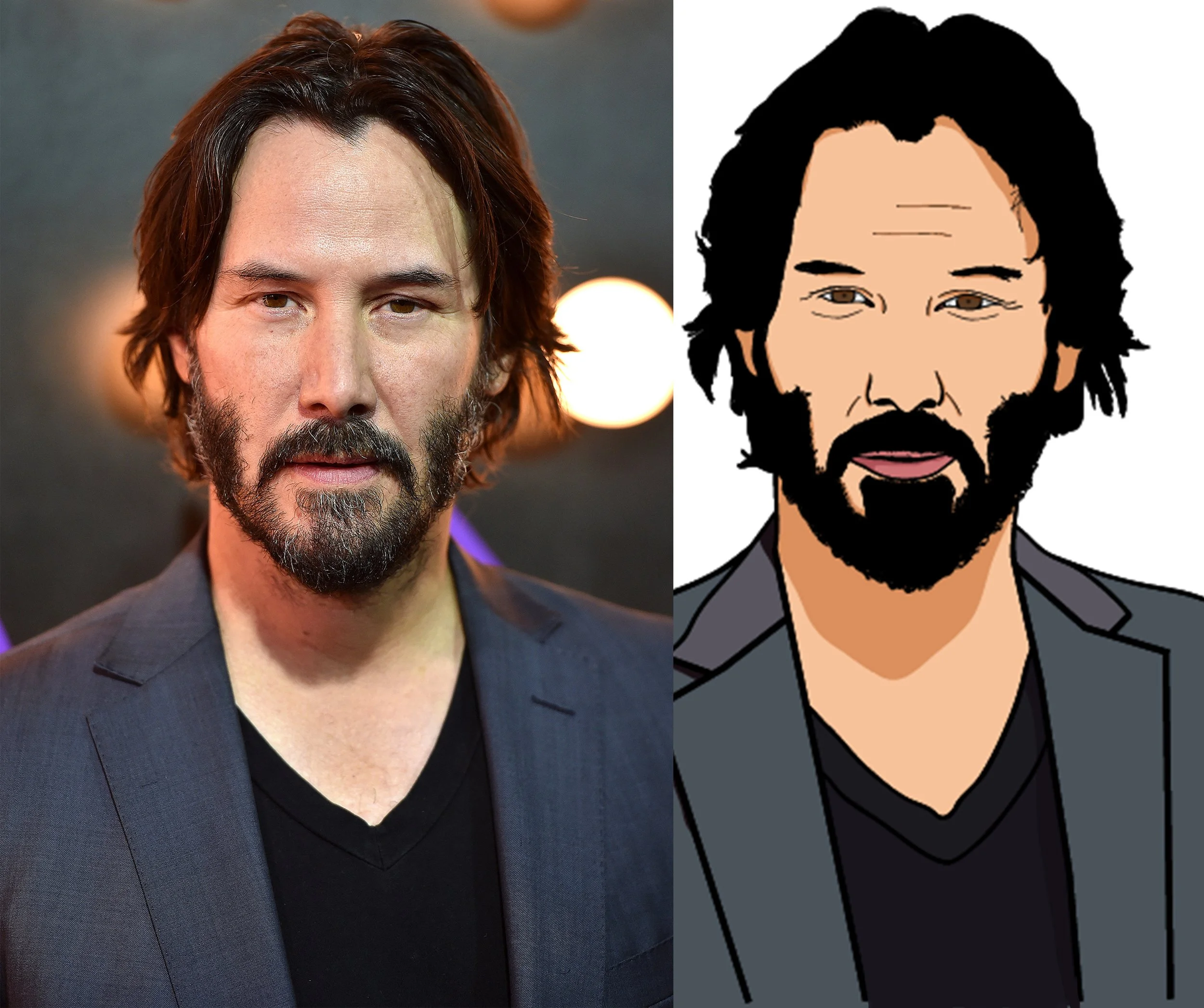 A side-by-side comparison of a photo of a man with medium-length dark hair, a beard, wearing a dark blazer over a black shirt, and a digital illustration of the same man with simplified lines and colors, both showing him with a serious expression.
