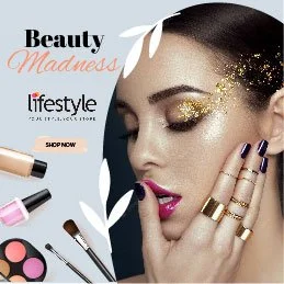 Close-up of a woman with glittery eye makeup, gold dust on her face, and rings on her fingers, promoting beauty products with colorful makeup items and the words 'Beauty Madness' and 'lifestyle' in the background.
