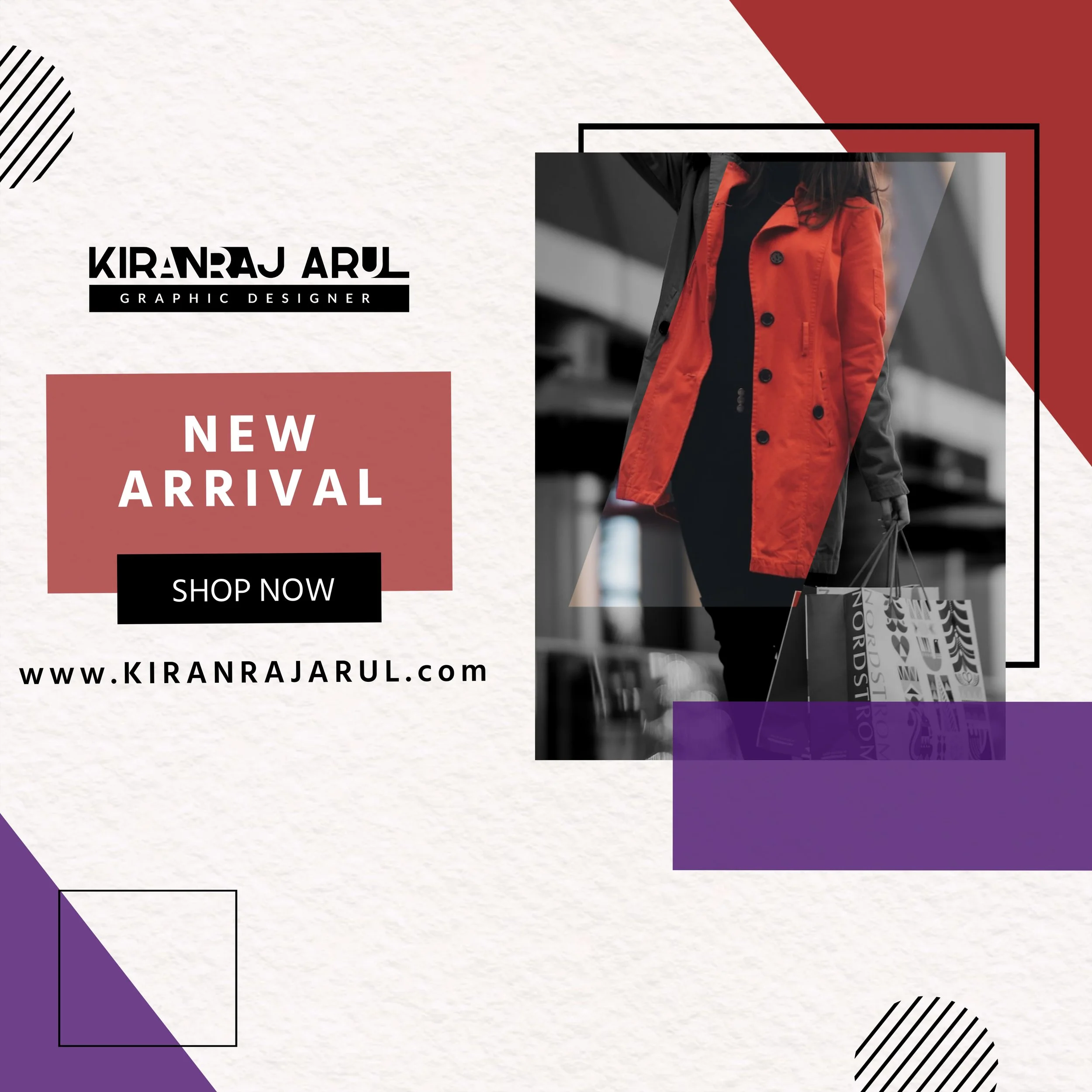 Social media promotional graphic featuring a person in a red coat walking with shopping bags, abstract geometric shapes, and text highlighting a new arrival from a graphic designer's website.