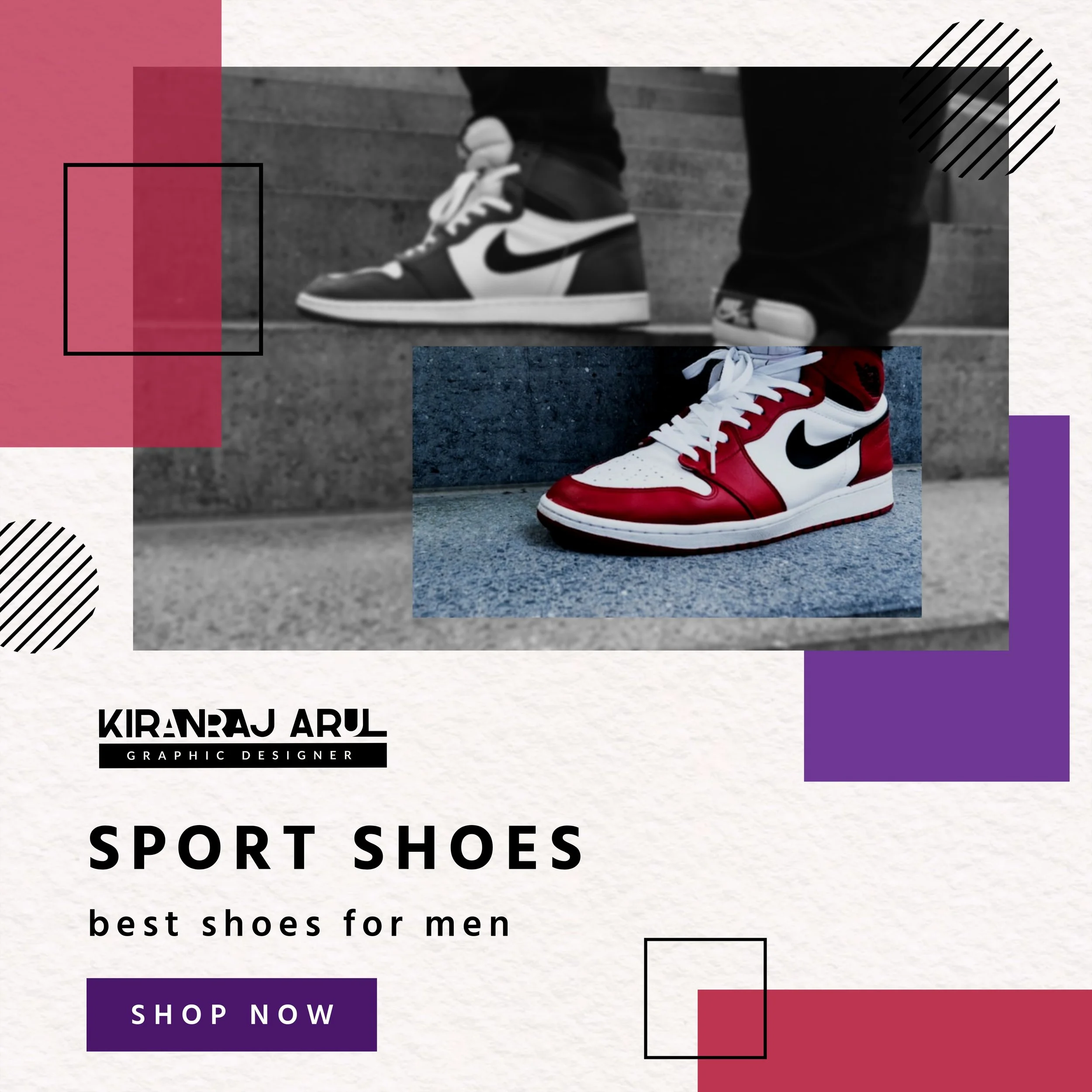 A promotional graphic for sport shoes featuring a black and white photo of a person wearing black and white sneakers on a stairway, with bold text offering shoes for men and a call to action to shop now.