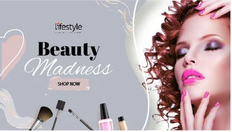 An advertisement for beauty products featuring a woman with curly red hair and makeup, with cosmetics like brushes, lipstick, and nail polish displayed.
