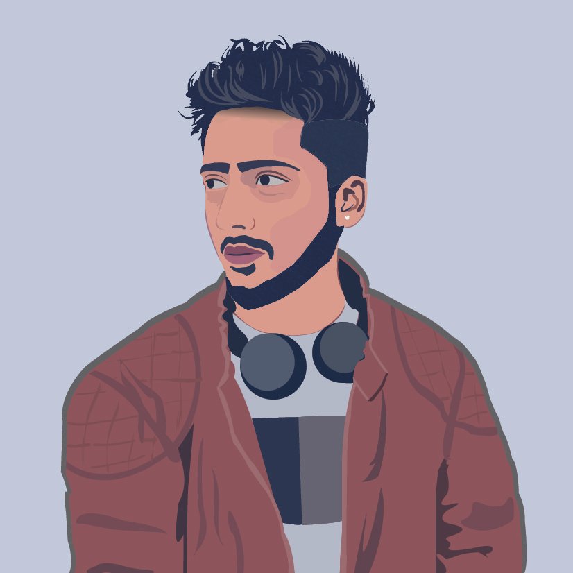 Illustration of a man with styled dark hair and a beard, wearing a brown jacket and headphones around his neck, against a light blue background.