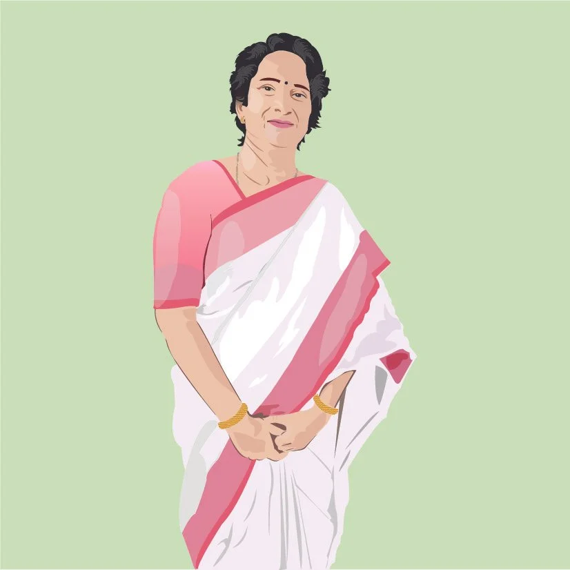 Illustration of an older woman with short black hair, wearing a white sari with pink borders, standing against a light green background.