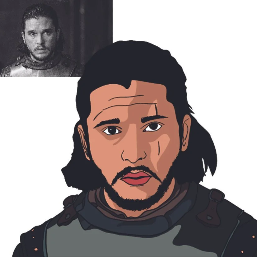 Illustration of a man with long dark hair, a beard, and a scar on his face, wearing dark clothing. A black-and-white photograph of a man in armor is in the top left corner.